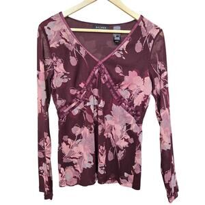 Axcess Womens Mesh Velvet Babydoll Floral Top Large Vintage Y2K Whimsigoth Sheer